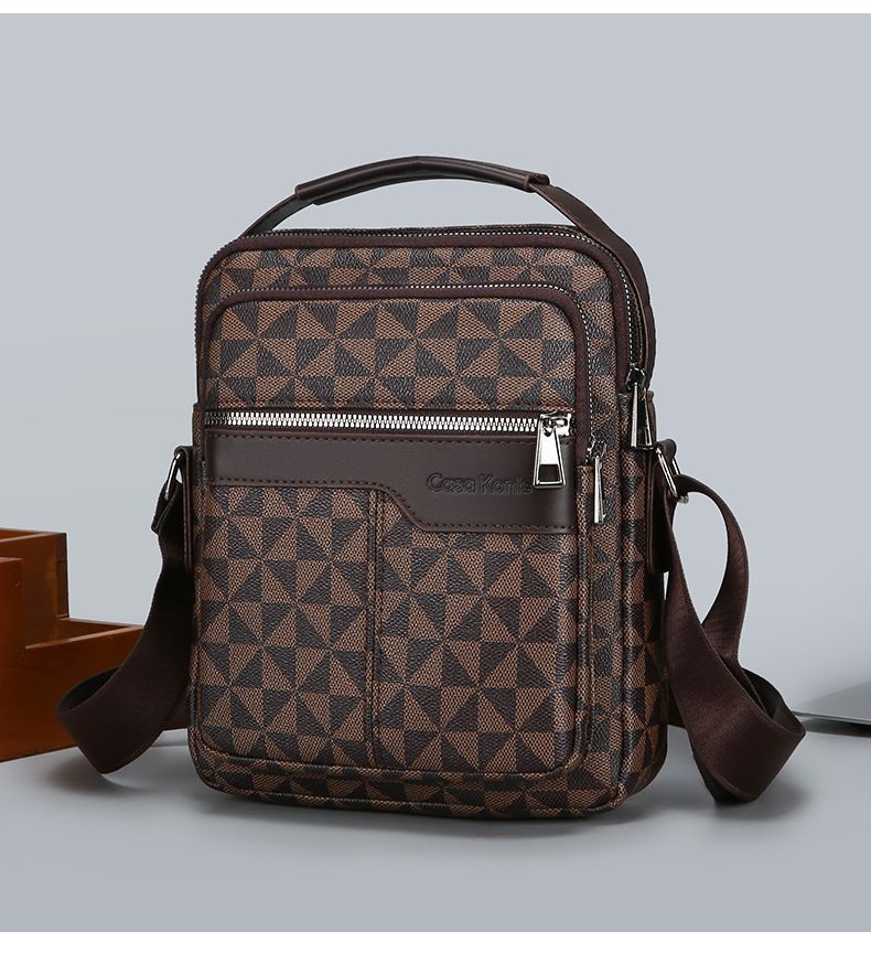 Slim Vertical Briefcase – Multi-Functional PU Crossbody Bag For Men, Waterproof Laptop Shoulder Bag With Check Print For Business & Travel_voghion.com