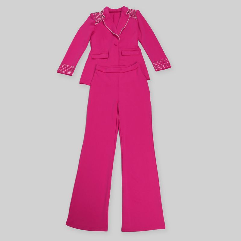 Traje de dos piezas ajustado de manga larga con perlas para mujer_voghion.com