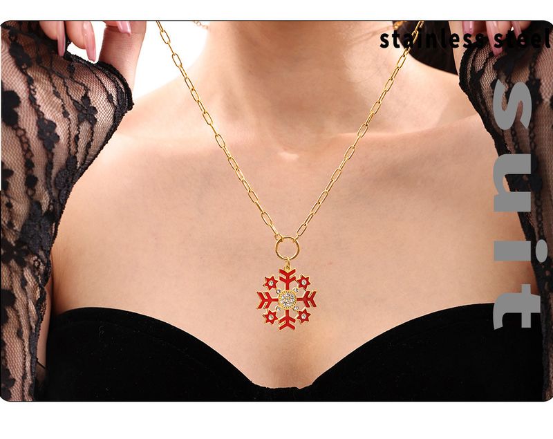 Zircon Dripping Oil Romantic Christmas Snowflake Pendant Necklace Stainless Steel Sweater Chain Fashion Match_voghion.com