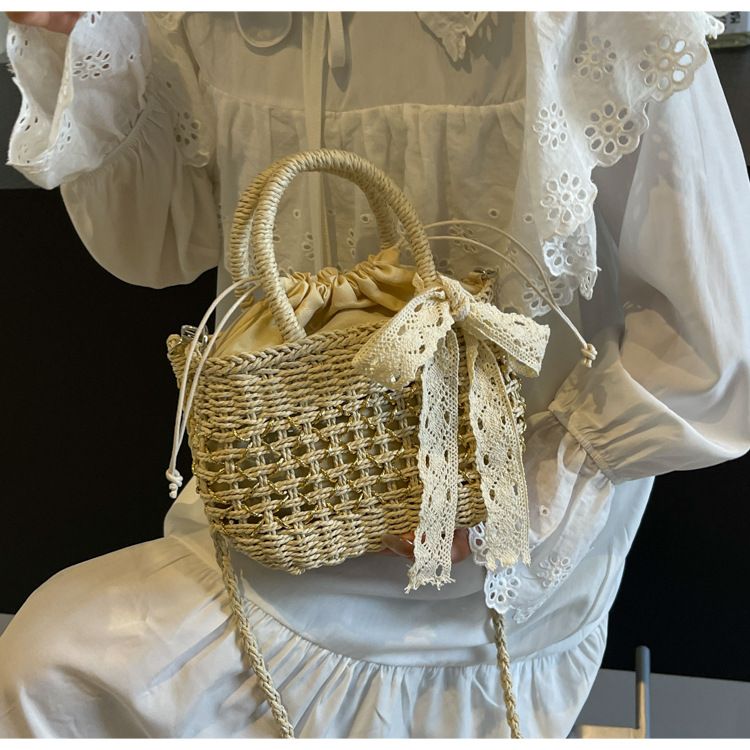 Straw Bag Woven Bag Mori Straw Bag Female Crossbody Beach Holiday Beach Bag Portable Bucket Bag_voghion.com