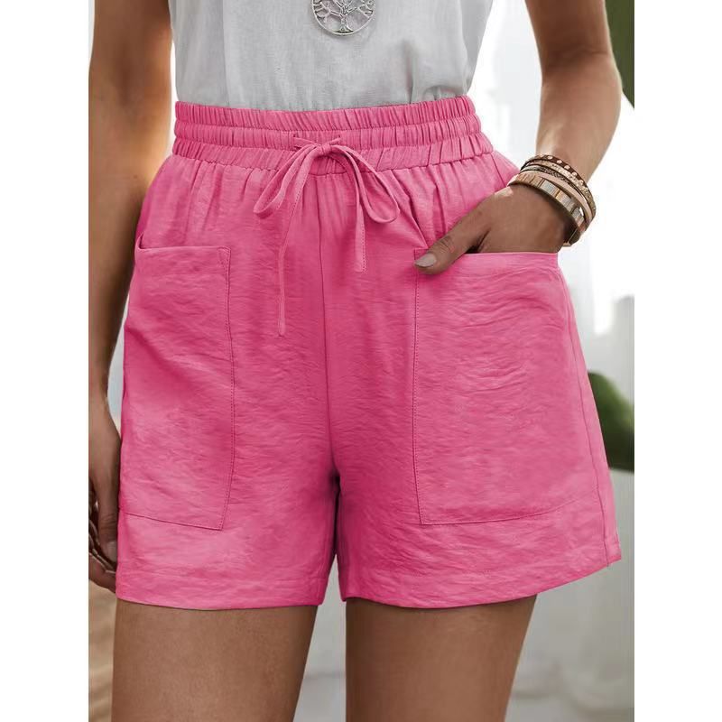 Pantaloncini da donna alla moda, pantaloncini da tuta estivi in lino, tasche a vita alta, misto cotone, tasche, vita elastica, pantaloncini larghi_voghion.com