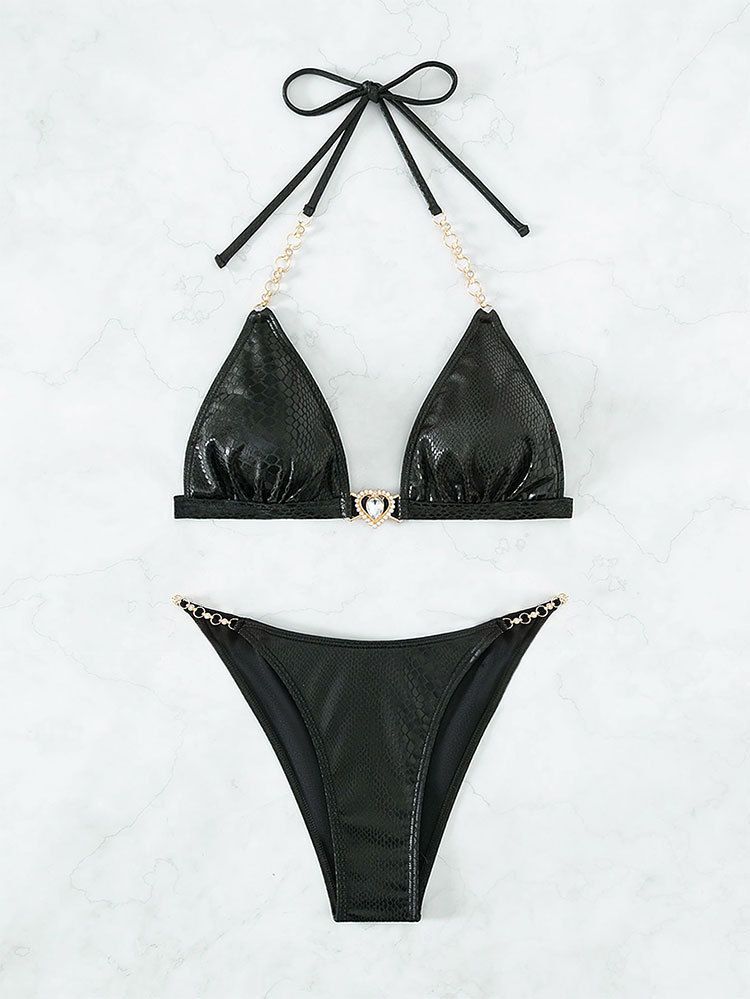 Sexigt bikiniset med snörning för kvinnor - Enfärgade bronsfärgade badkläder för strand och pool_voghion.com