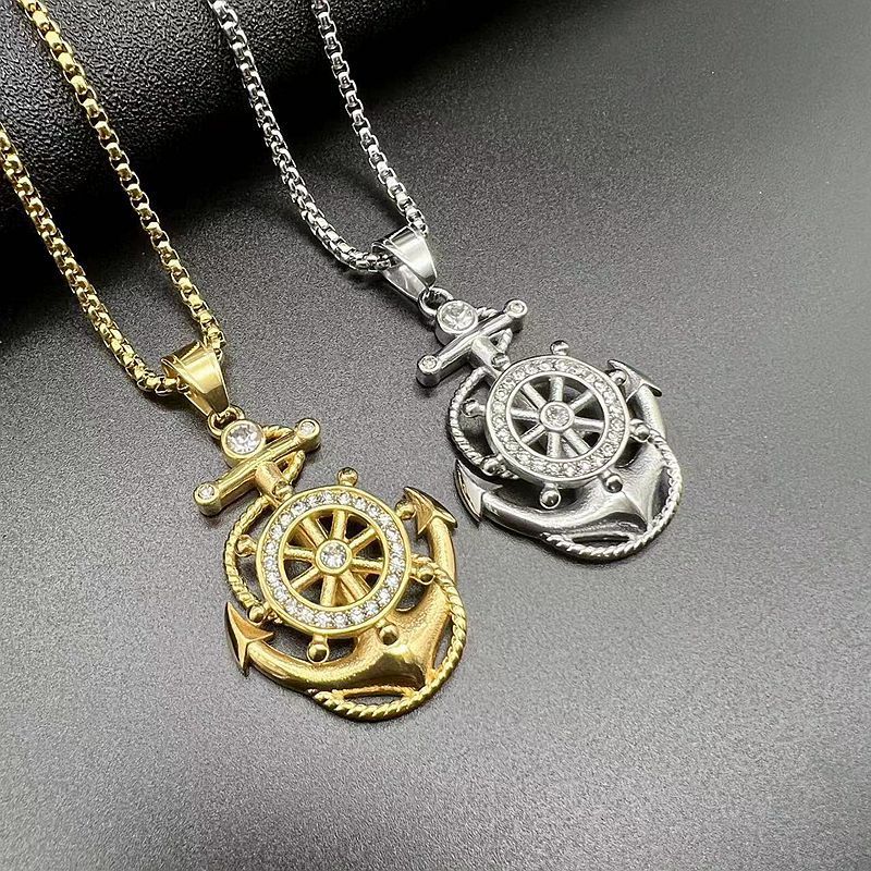 Hip hop jewelry titanium steel vacuum gold plated rhinestone anchor pendant necklace_voghion.com