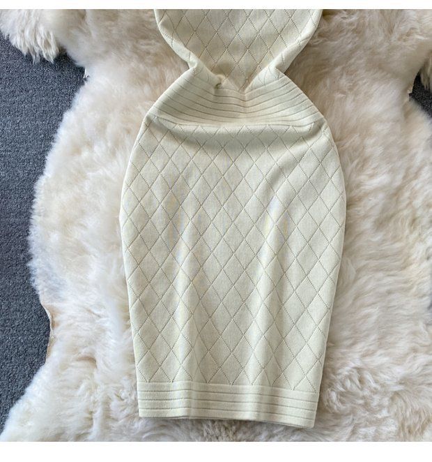 Damen Rundhals Ärmelloses Strick Neckholder Off-Shoulder Kleid Sexy Hüftbetontes Kurzrockkleid_voghion.com