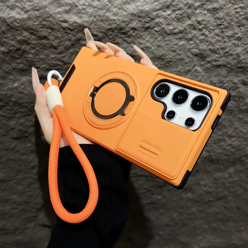Armor Magnetic Bracket Case For Samsung Galaxy S25 S24 S23 S22 S21 Ultra Plus With Lanyard Slide Camera Protect_voghion.com