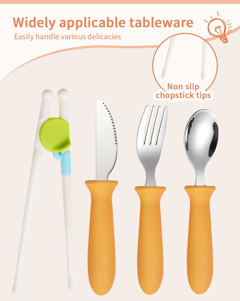 Anne ve Çocuk 304 Paslanmaz Çelik Çocuk Bıçağı, Çatal, Kaşık ve Yemek Çubukları 4 Parça Set Silikon Saplı Bebek Yemek Kaşığı Eğitim Yemek Çubukları Seti_voghion.com