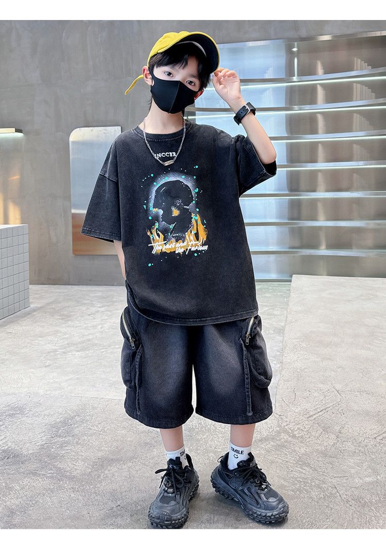 New Boys' Short Sleeve Letter Print Cotton Set - Summer 2-Piece Outfit With Graphic Tee & Mid-Length Shorts For Kids _voghion.com