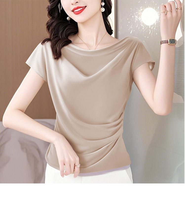 Camicia da donna in raso con colletto a volant viola, per un temperamento maturo_voghion.com