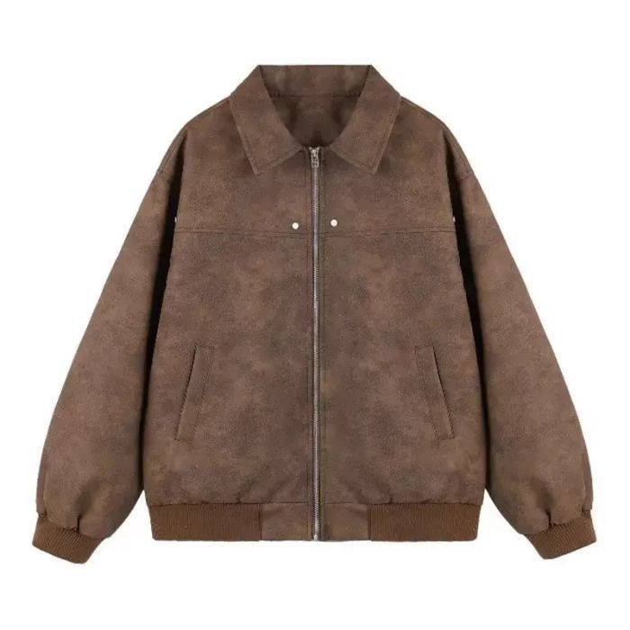 Giacca da coppia in pelle scamosciata PU con colletto rovesciato marrone in stile americano per donna primavera e autunno 2025_voghion.com