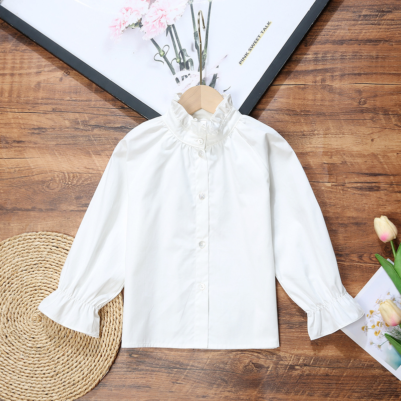 Dječja odjeća Dječja majica za djevojčice, pamučna, s ovratnikom i dugim rukavima, jednobojna čipkasta, slatka dječja_voghion.com