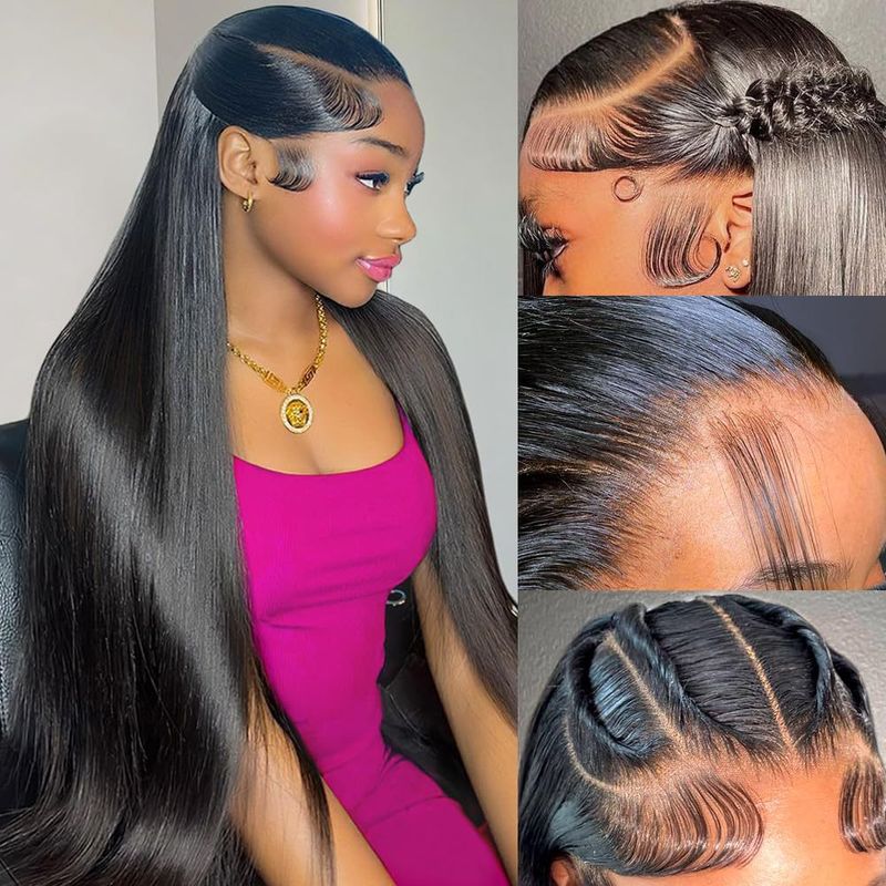 Synthetic Clip-in 13*4 Hand Woven Front Lace Black Long Straight Hair Chemical Fiber Full Headpiece_voghion.com