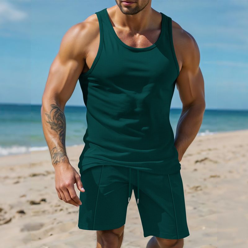 Herenkleding Nieuwe wafel effen kleur Outdoor vrijetijdskleding Ademend korte mouwen vest shorts sportpak_voghion.com