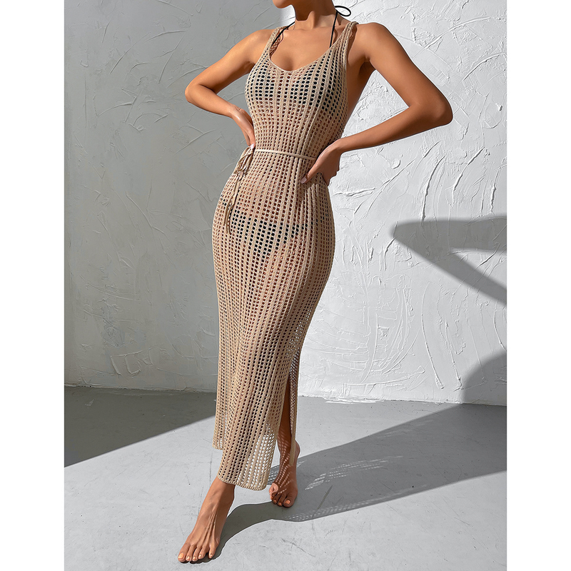 Abito da spiaggia in maglia con scollo a V e schiena scoperta per le donne_voghion.com