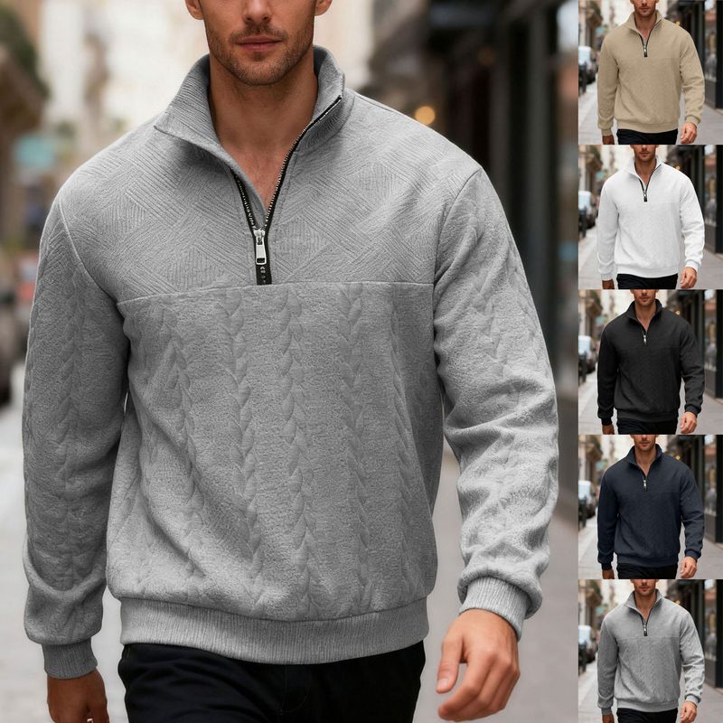 Lässiger Herren-Pullover mit halbem Reißverschluss und Jacquard-Patchwork-Design, locker sitzendes Strickoberteil für Herbst und Winter (Weiß, Grau, Schwarz, Khaki, Marineblau)_voghion.com