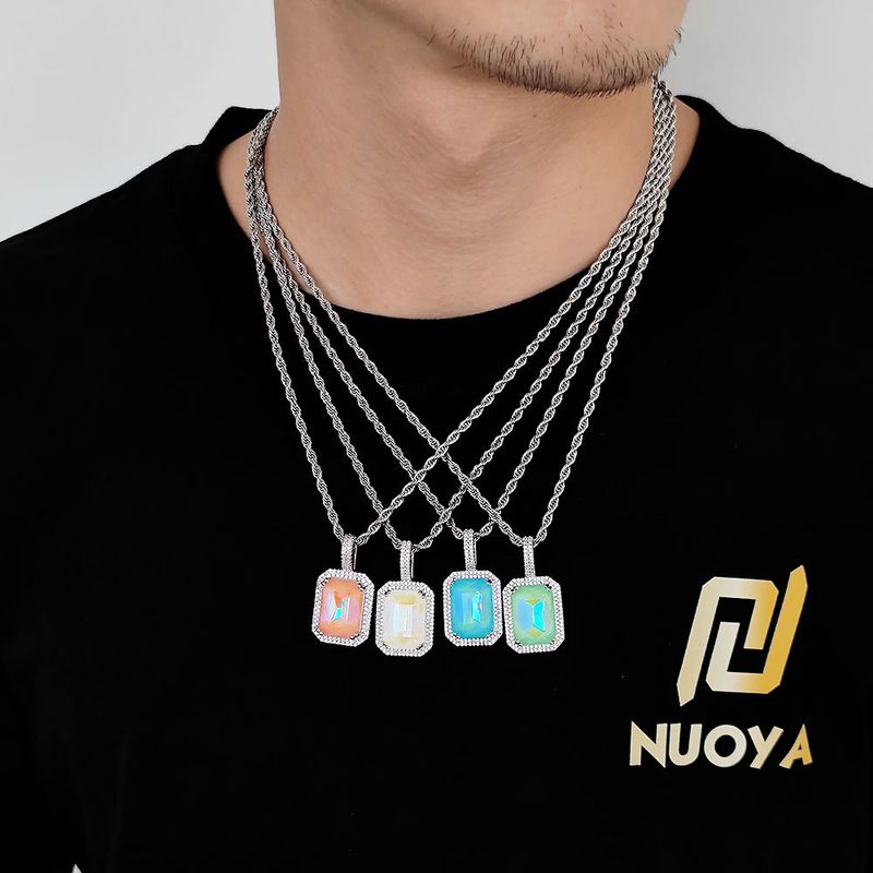 Chain Necklaces Mocha fluorescent square solid zircon colored gem pendant Hip Hop men's and women's micro-inset zircon necklace_voghion.com