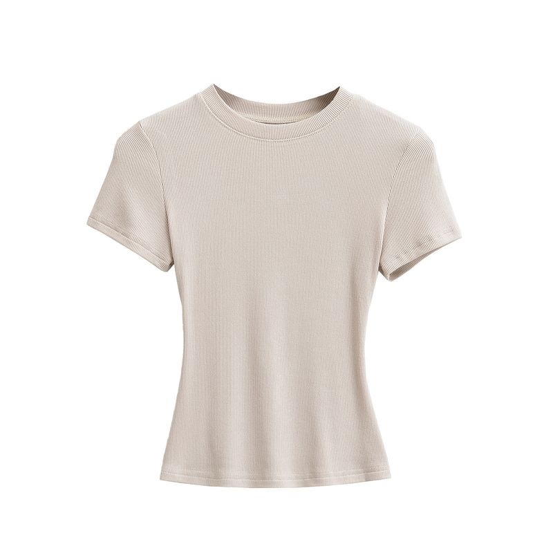 Maglietta sportiva elastica a maniche corte attillata in filo da donna, estiva, aderente, con scollo rotondo, tinta unita_voghion.com