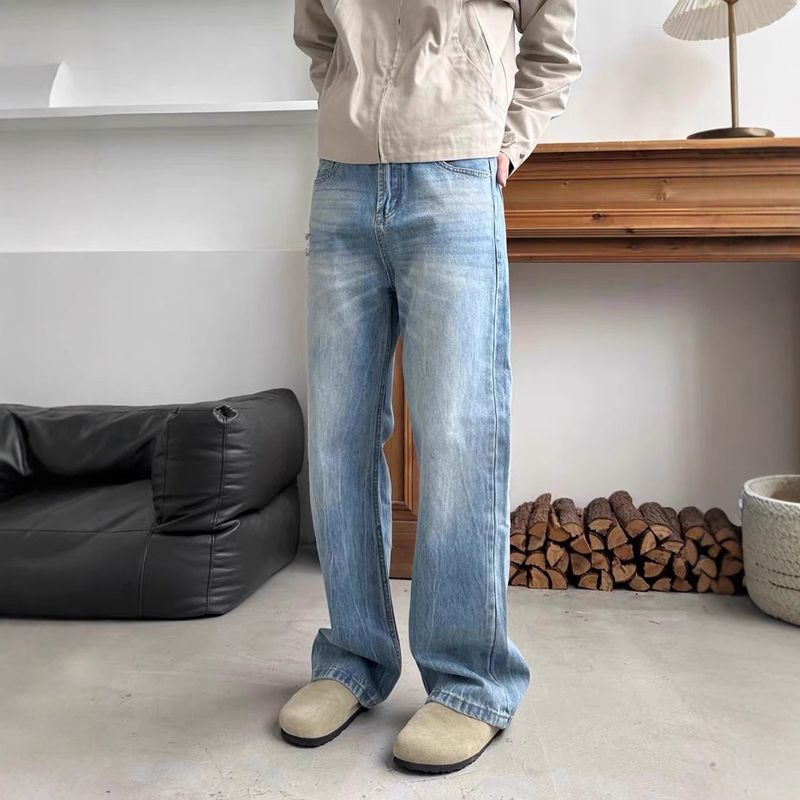 Jeans da uomo in denim effetto screpolato - Pantaloni a gamba dritta con taglio a zampa e effetto consumato (azzurro chiaro, dalla S alla XXL)_voghion.com