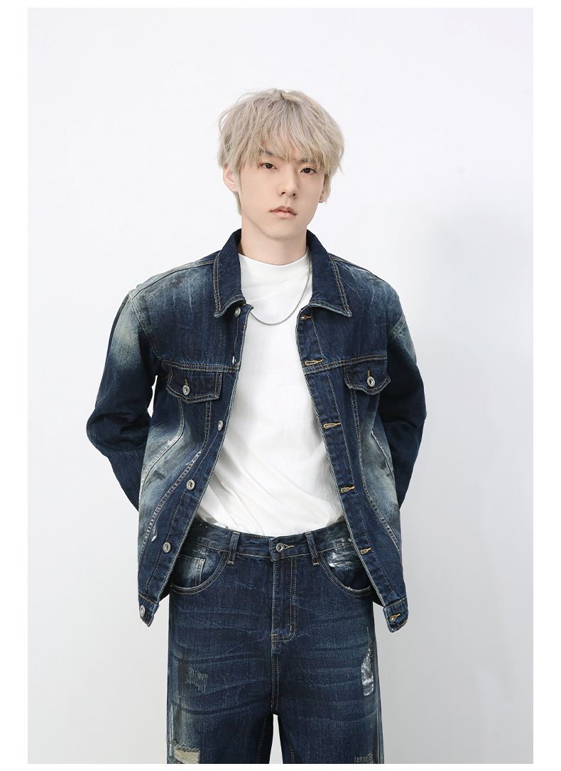 Roupas masculinas retrô jeans desgastado jaqueta lavada solta calças retas_voghion.com