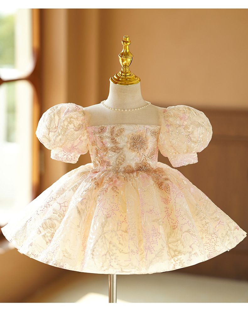 Abito da principessa color champagne per bambina - Elegante abito da spettacolo per occasioni speciali Tendenze moda più vendute_voghion.com