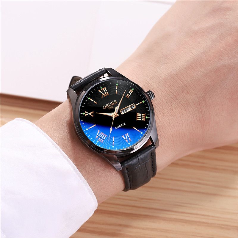 Aoruisi Brand Men's Simple Ultra-thin Leather Strap Korean Version Luminous Casual Waterproof Dual Calendar Student_voghion.com