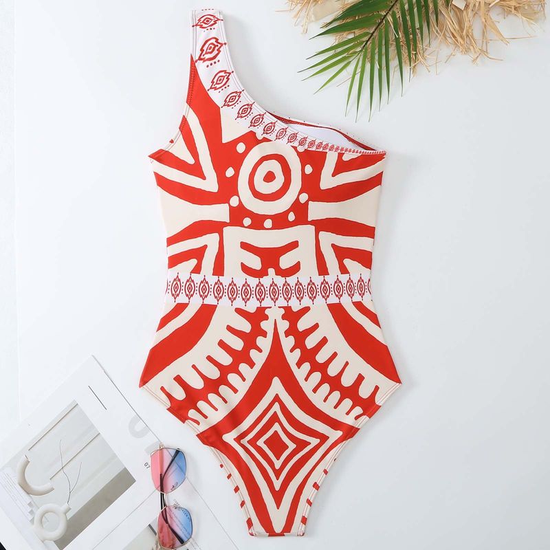 Kadın Giyim Yeni etnik stil retro baskı eğik omuz tek parça mayo slim fit sıcak bahar tatil yeri geniş paça pantolon güneş kremi takımı_voghion.com