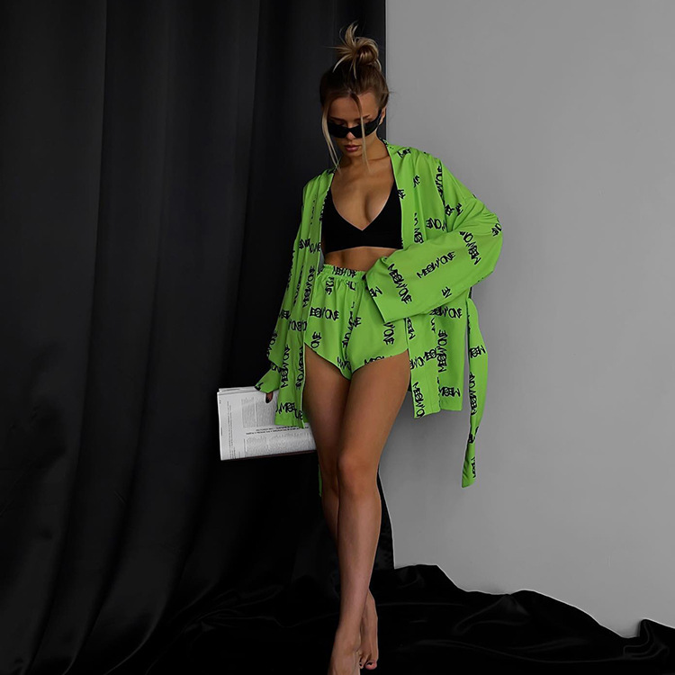 Kadınların gündelik bağcıklı uzun kollu pijama yüksek bel şortları ev kıyafetlerine uygun_voghion.com