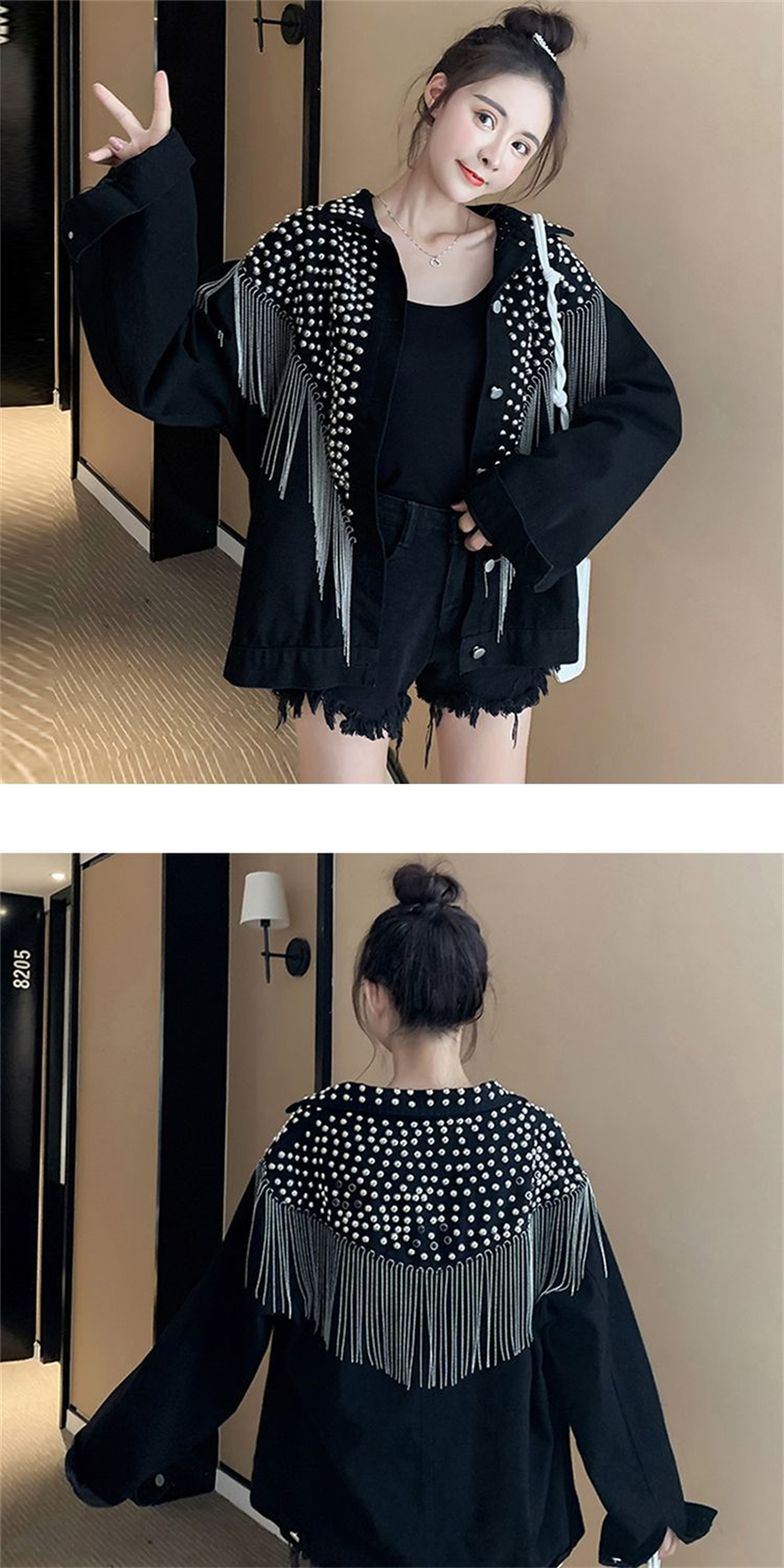 Chaqueta vaquera con remaches tachonados a mano para mujer, abrigo corto con borlas, chaqueta vaquera a la moda, abrigos negros Rock, novedad de primavera y otoño de 2023_voghion.com