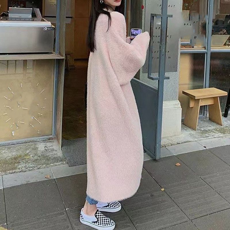 Casaco cardigan longo de malha de vison sintético de pelúcia para mulheres - suéter grande com decote em V estilo boho chique em 8 cores_voghion.com