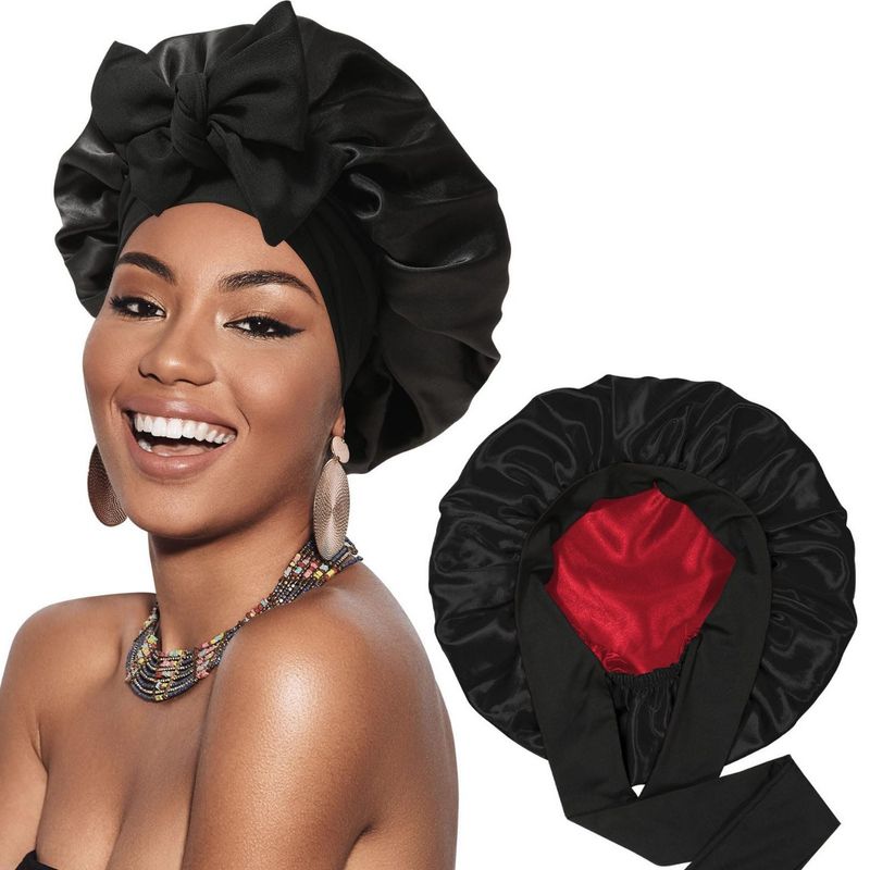 Cura e acconciatura dei capelli Cappello rotondo con fiocco in raso a doppio strato Cappello di seta per la cura dei capelli Cappello a tesa larga Cappello da notte per donna_voghion.com