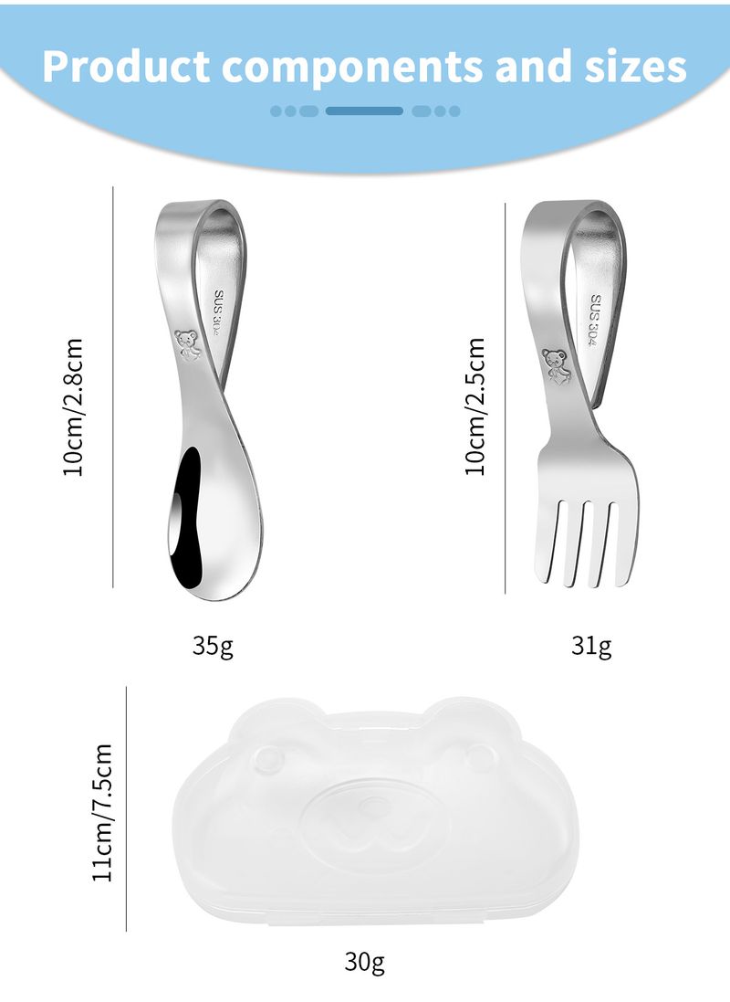 Mother & Kids 304 Stainless Steel Portable Children's Tableware Set Toddler Spoon And Fork With Storage Box Curved Handle Baby Training Spoon_voghion.com