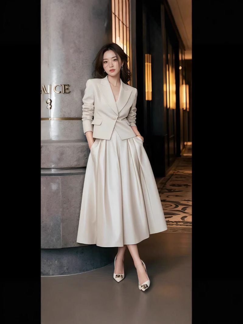 Mädchen Frühjahr 2025 Neue Damenmode Outfit Zweiteiliges Set Eleganter Anzug Rock Hochwertig Stilvoll Pendler_voghion.com