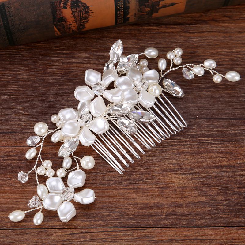 Conjunto de joias femininas da moda para noivas, pente de cabelo de pérolas feito à mão, flor branca, fio de cobre, acessórios para cabeça de noiva_voghion.com