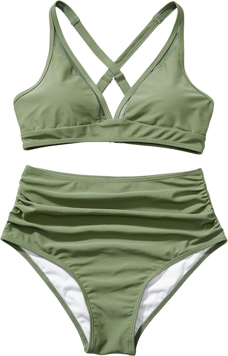 2024 Neuer Bikini mit hoher Taille und Netzstoff, sexy, offener Rücken, plissierter Badeanzug_voghion.com