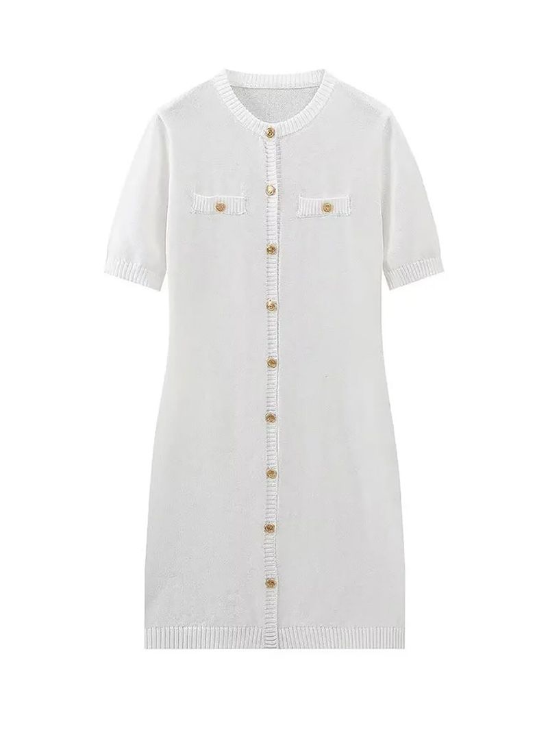Damenbekleidung Herbst- und Wintermode Rundhals Slim Fit Kleid Knopf Einfarbig Gefälschte Tasche A-Linie Strickrock_voghion.com