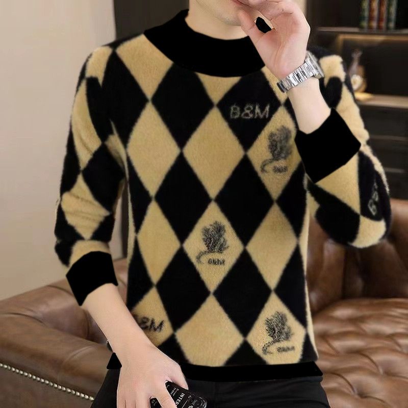 Suéter nuevo para hombre, cuello medio alto, suéter de base de punto a cuadros de otoño e invierno, chaqueta cálida engrosada de alta gama,_voghion.com