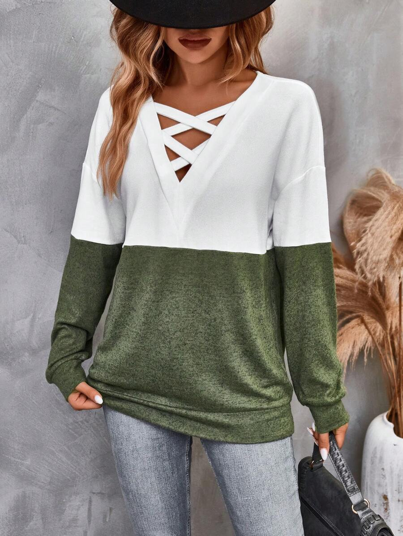 Women's clothing New V-neck Cross Contrast Color Splicing Drop Shoulder Sleeve Casual T Top for Women_voghion.com