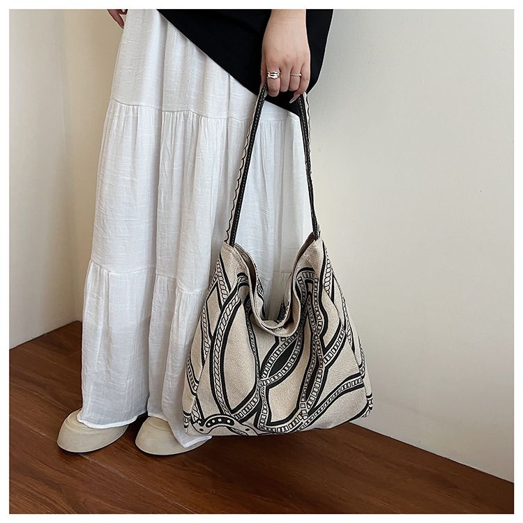 Little Pony Totem Linen Print Canvas Tote For Women Large Capacity Casual Lazy Style Shoulder Underarm Bucket Bag_voghion.com
