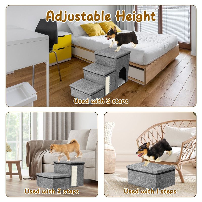 Dog Stairs For Bed And Couch 42cm H, Foldable Dog Stairs For Small Older Dogs Cats, 4 In 1 Adjustable Pet Cat Stairs Steps With Storage, Dog Ramps With Condo, Cat Scratcher, Hold Up To 180LBS_voghion.com