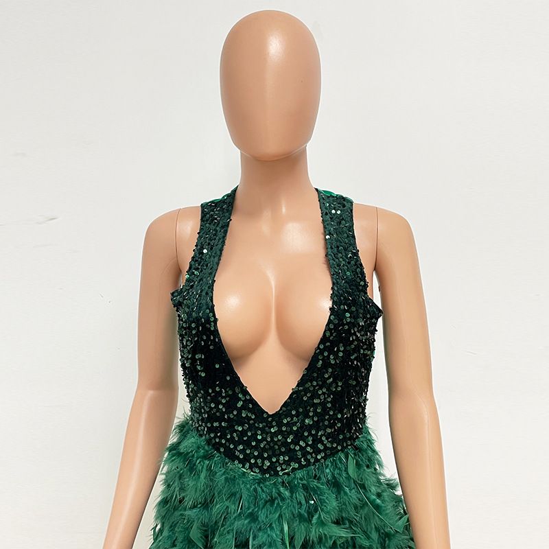 Women's High-end Light Luxury Sleeveless Hip Hugging Skirt Pure Desire Wind Deep V Backless Feather Dress For Women_voghion.com