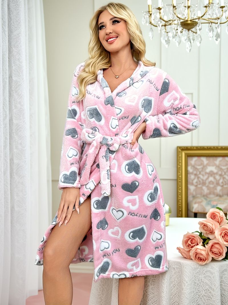 Autumn And Winter Love Print Warm And Comfortable Nightgown Hooded Thickened Lace-up Bathrobe_voghion.com