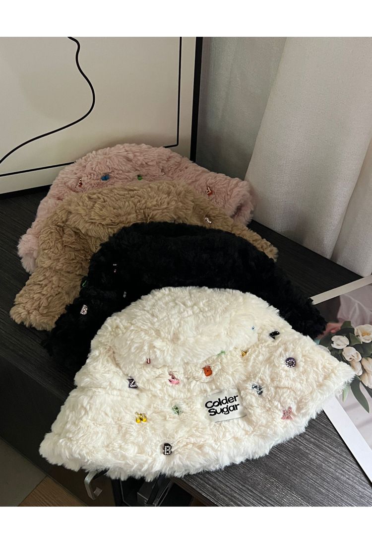 Plush Handmade Letter Diamond Fisherman Hat For Women Autumn And Winter All Match Warm And Cold Proof Fashionable Bucket Basin Hat_voghion.com