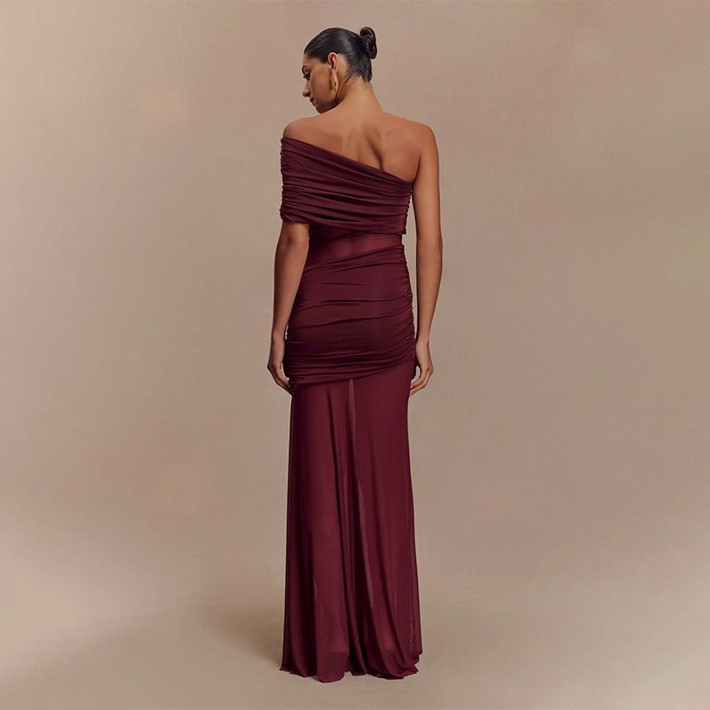 Abito bustier con pannello in rete trasparente e vita arricciata - Gonna midi fluida per donna, abbigliamento casual e per feste estive_voghion.com