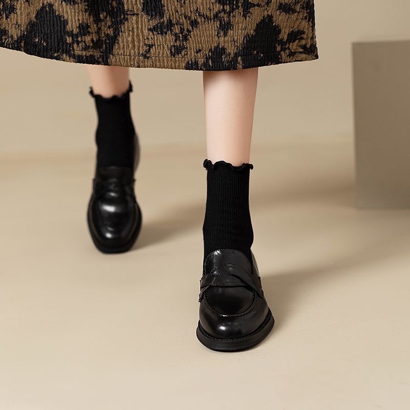 Slipper im Retro-Stil im britischen Stil für Damen, Preppy Commuter, vielseitig einsetzbar, kleines echtes Leder, runde Zehenpartie, klobiger Absatz_voghion.com