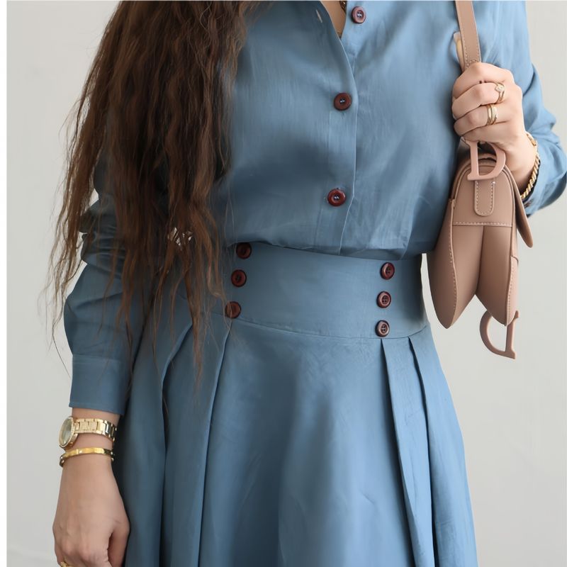 Completo due pezzi da donna in lino, con camicia a maniche lunghe e gonna ampia, tinta unita_voghion.com