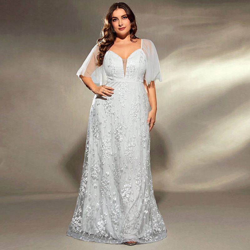 Elegantes langes Abendkleid für Damen mit Spitze und tiefem V-Ausschnitt – sexy Abendkleid für Partys, Brautjungfern, Abschlussbälle (weiß, Übergröße 0XL-4XL)_voghion.com