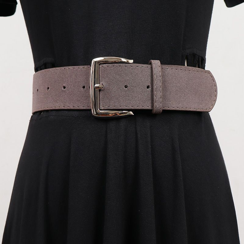 Minimalist High-End Row Basic Classic Square Suede Neutral Wide Deerskin Silver Buckle Versatile Women's Belt_voghion.com