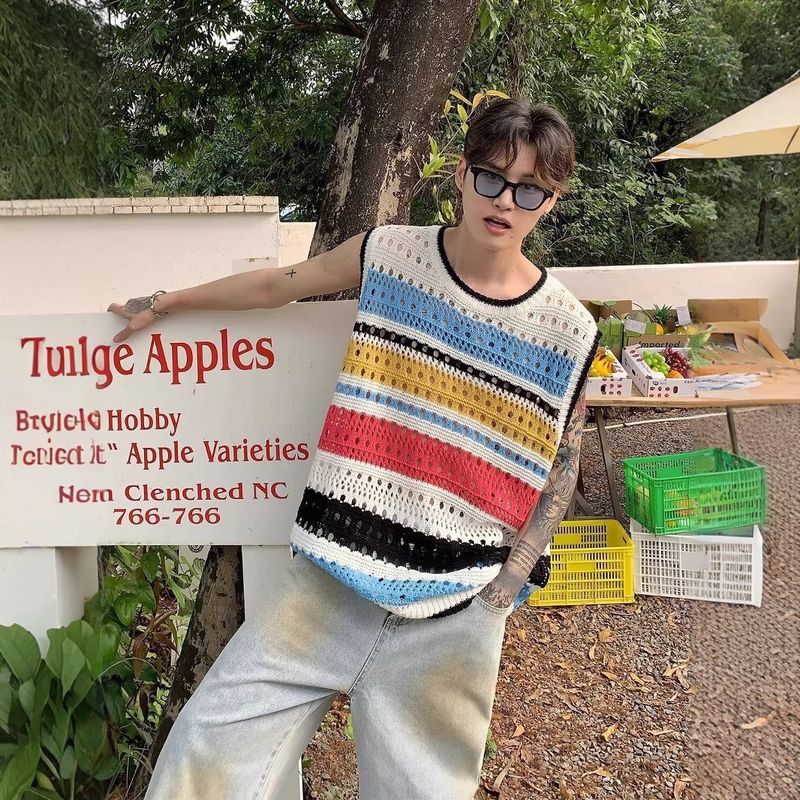 Koreanischer Stil Farbblock gestreift Sommer dünn Rundhals Pullover Hohlstrick Herren Weste_voghion.com