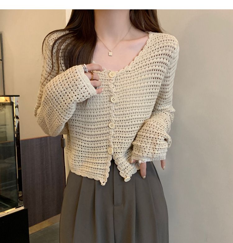 2024 Summer New Hollow Cardigan Women's Long Sleeve Outer Sunscreen Mesh Knitted Small Cover Coat Short Top_voghion.com
