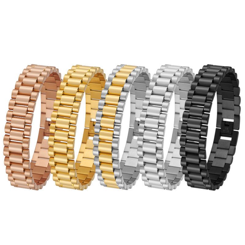 Solid Stainless Watch Band Gold Simple Men's Wide Bracelet Titanium Steel Adjustable Bangle_voghion.com