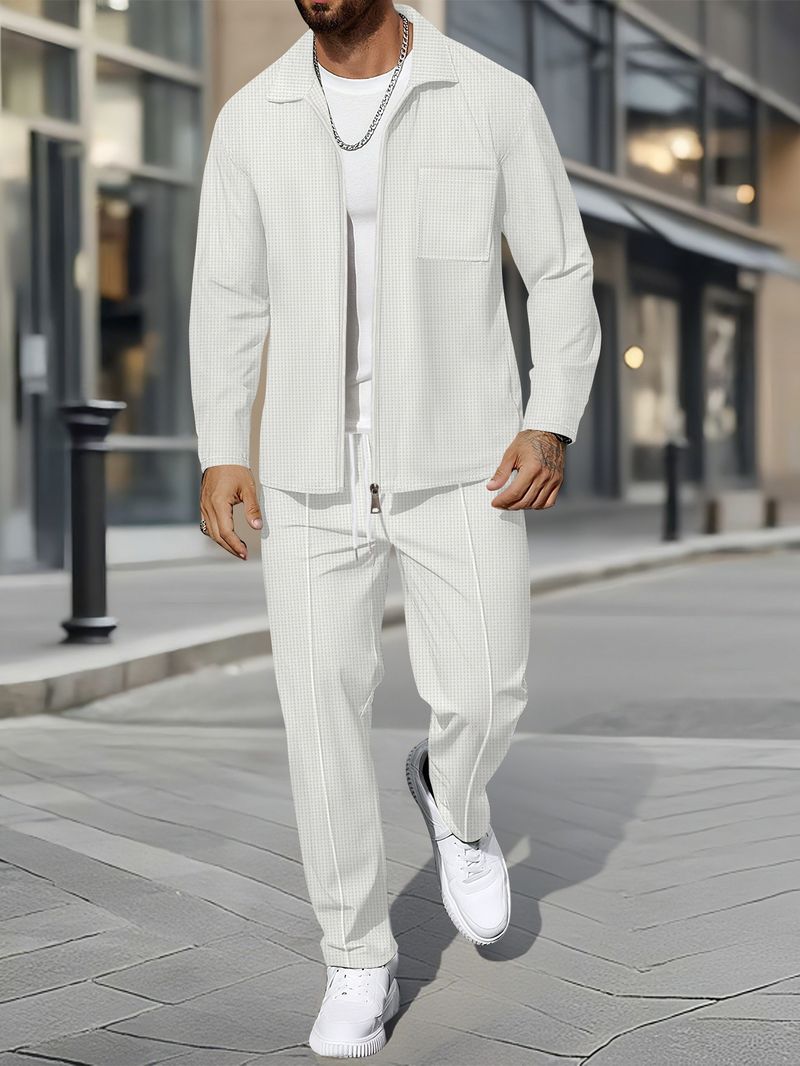 "Men's Waffle-Knit Zip-Up Jacket Set - Slim Fit Polyester Track Suit With Stand Collar & Side Pockets (White/Black/Grey/Burgundy/Khaki/Dark Green_voghion.com
